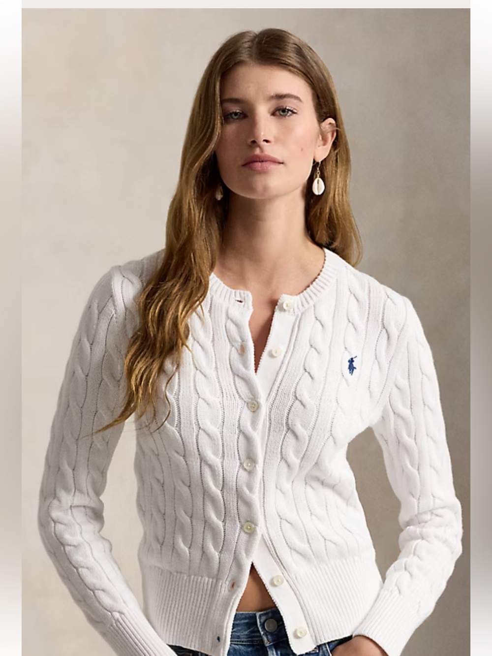 Polo Ralph Lauren White Cable Knit Cardigan Button Up Crew Neck Sweater M
